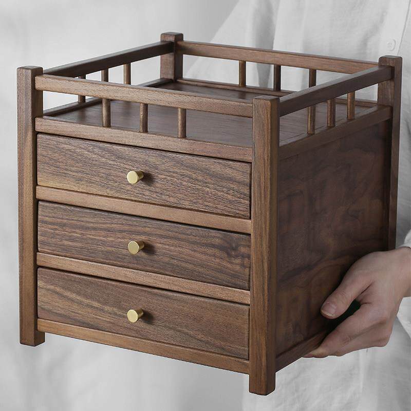 胡桃实木茶饼收纳柜三层普洱茶盒抽屉式博古架茶桌台面茶具置物架