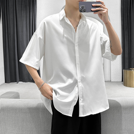 夏季薄款冰丝短袖衬衫男纯色百搭休闲潮牌垂感青少年韩版潮流衬衣