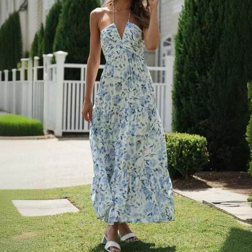 Women Long Dress Elegant Sleeveless Tieup Halterneck Floral
