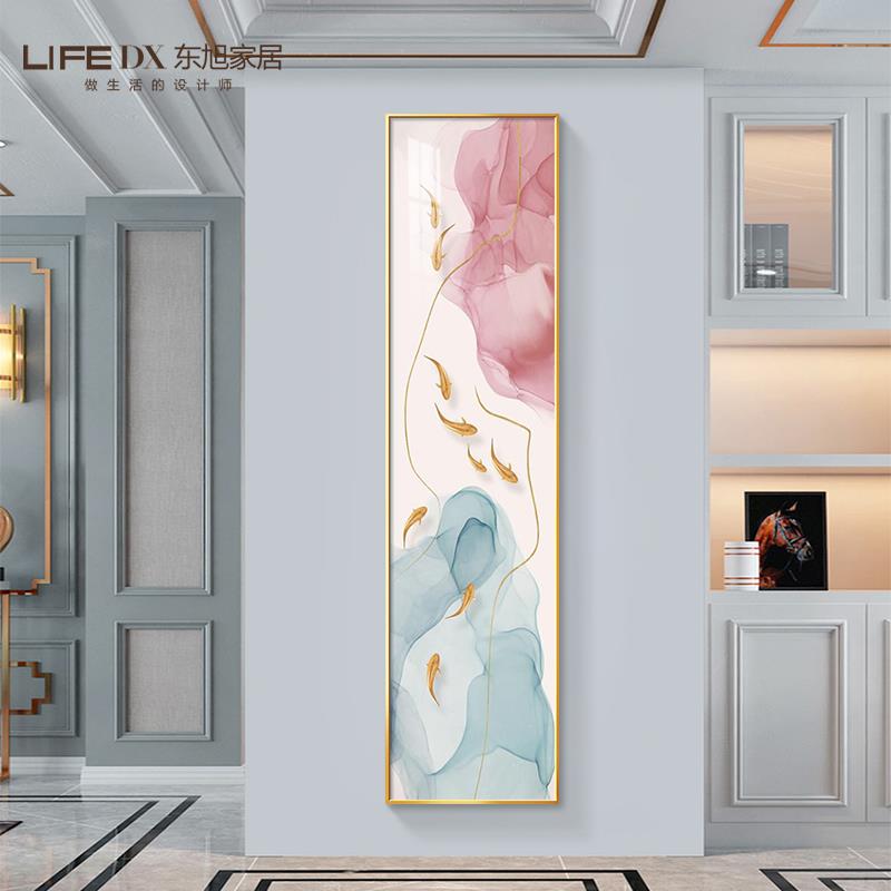 定做关户玄装饰画道现代简约竖入版窄长图条画廊过壁画鱼走楼梯挂图片