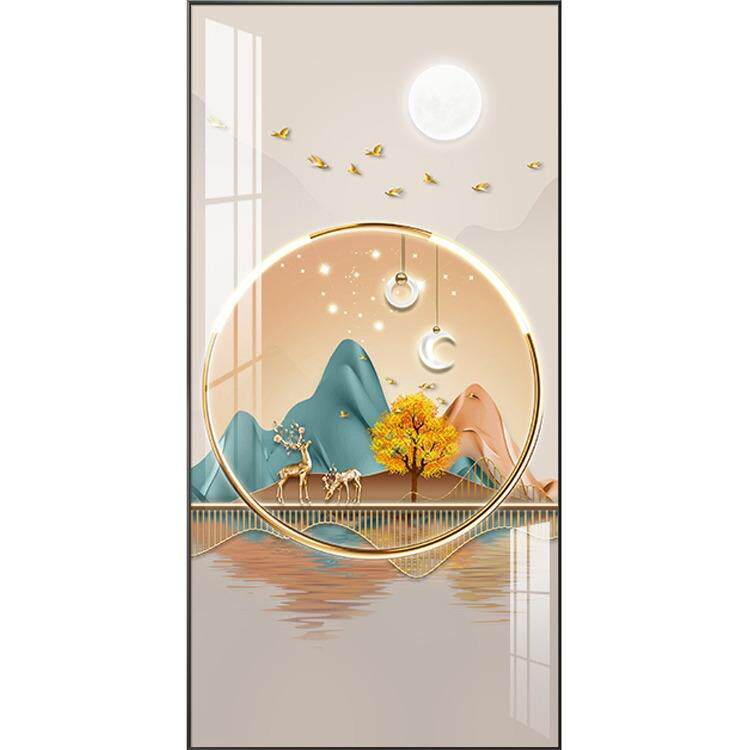 福禄山水玄关装饰画入户走廊竖版挂画壁画镶钻立体晶瓷画立体镶钻