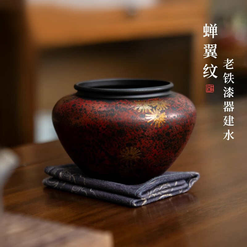 老铁漆器大号茶渣缸家用桌面水盂建水茶水缸废水桶功夫茶