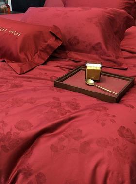 嫁床全HCR棉长绒棉结品婚四提件套纯棉红色婚新婚庆花被套