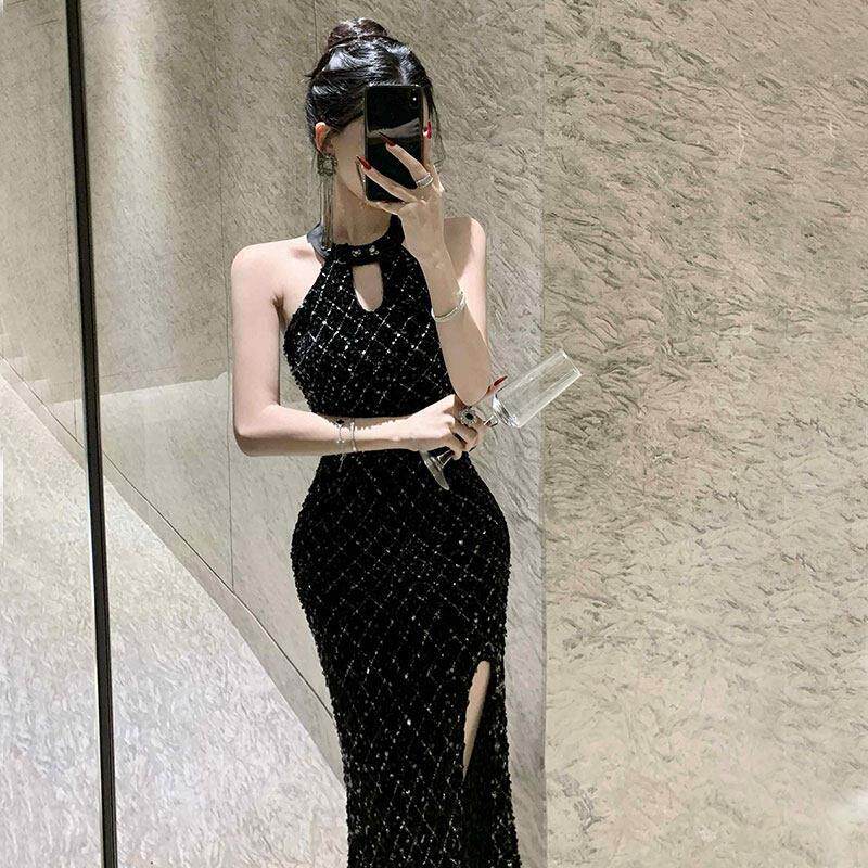 黑色旗袍晚礼服女高级感闪闪亮片宴会年轻款挂脖新中式旗袍连衣裙