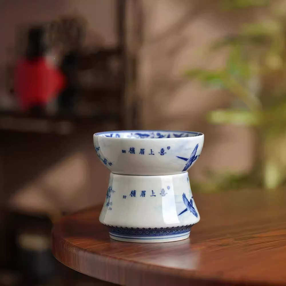 景德镇复古青花花鸟茶漏陶瓷茶滤家用茶隔全瓷一体茶叶过滤网零配