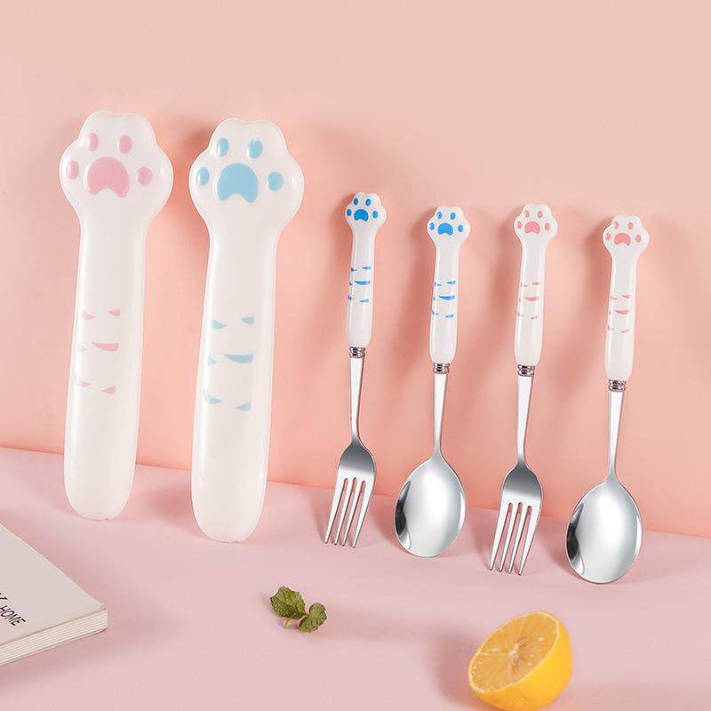 创意可爱粉猫爪不锈钢学生勺叉筷子卡通手柄户外野营便携套装礼盒