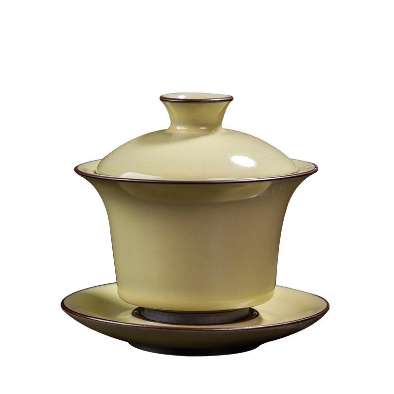 陶瓷铁胎黄汝窑盖碗开片可养三才泡茶碗敬茶碗家用茶具茶杯