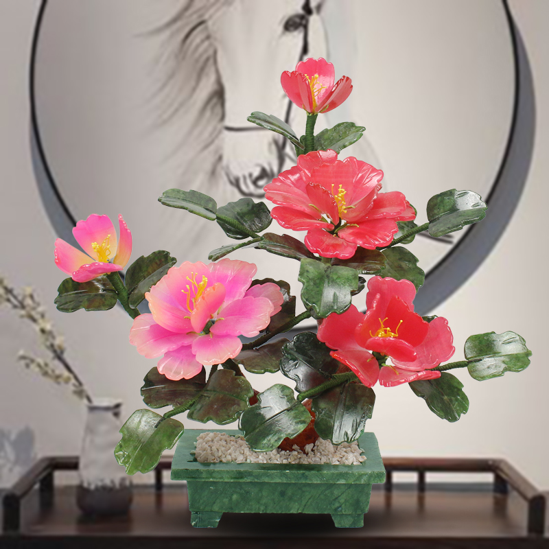 天然玉石牡丹花摆件中式盆景家居客厅玄关电视柜装饰玉器工艺礼