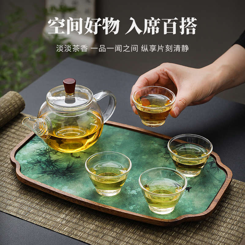 耐热玻璃迷你小茶壶透明泡茶壶一人功夫茶具茶杯套装胡桃木干泡盘