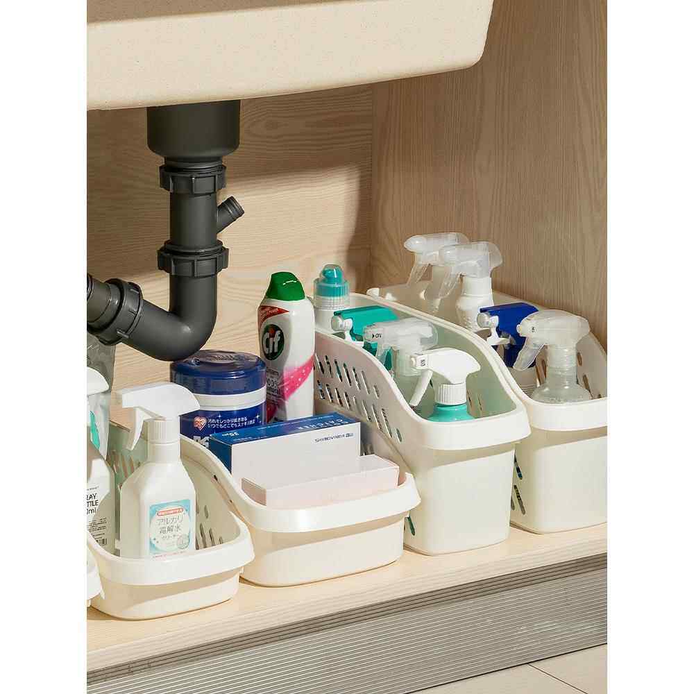 日本厨房收纳置物架水槽下橱柜夹缝落地架厨具调料品储物架塑料篮