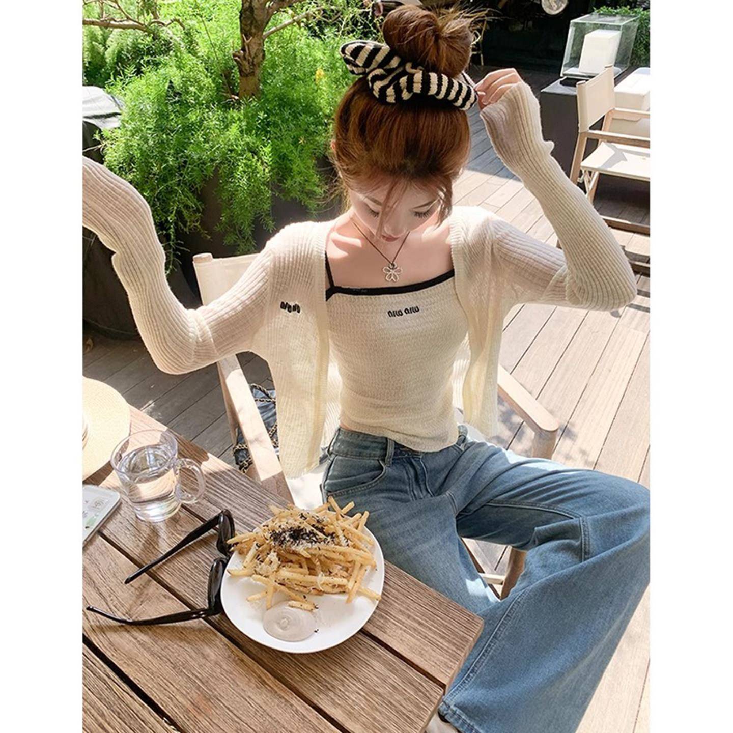 冰丝防晒开衫配吊带裙子女短款罩衫秋披肩外搭针织两件套背0905r图片