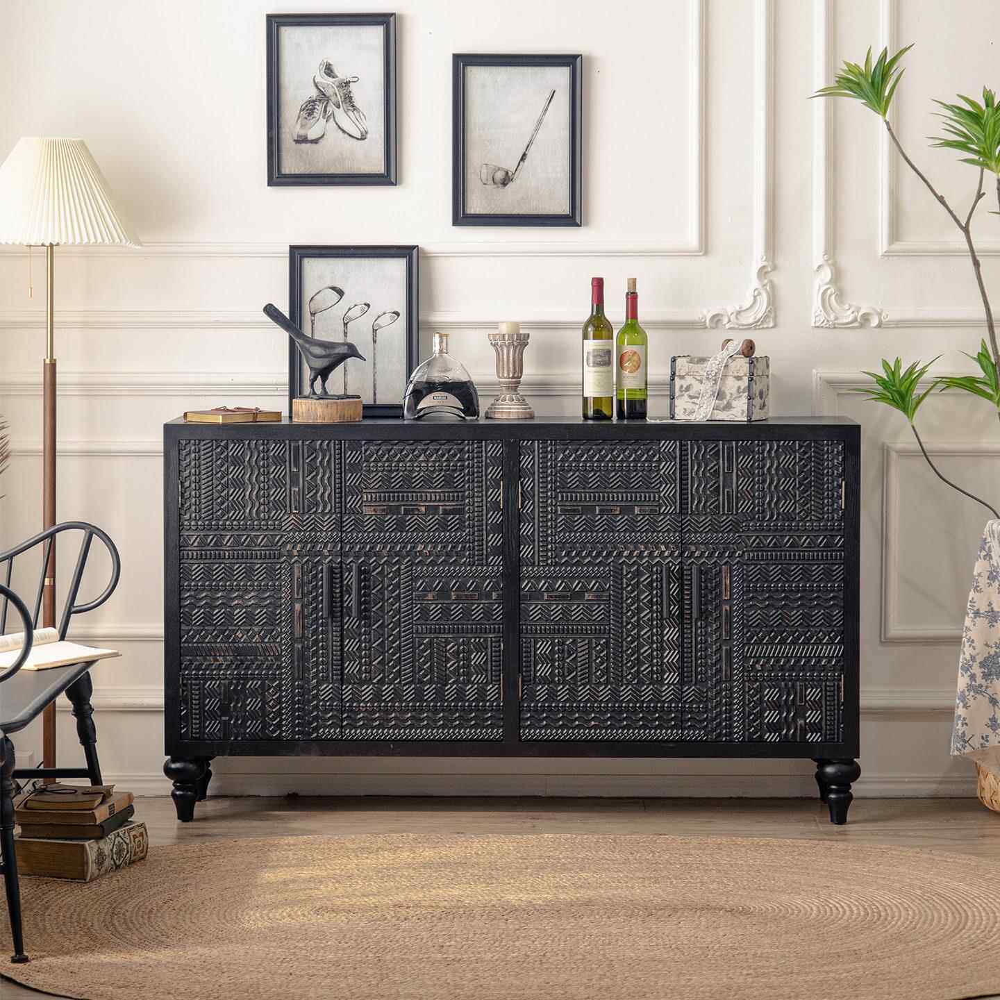 法式复古餐边柜斗柜客厅储物柜玄关柜实木柜子鞋柜黑色高级一体