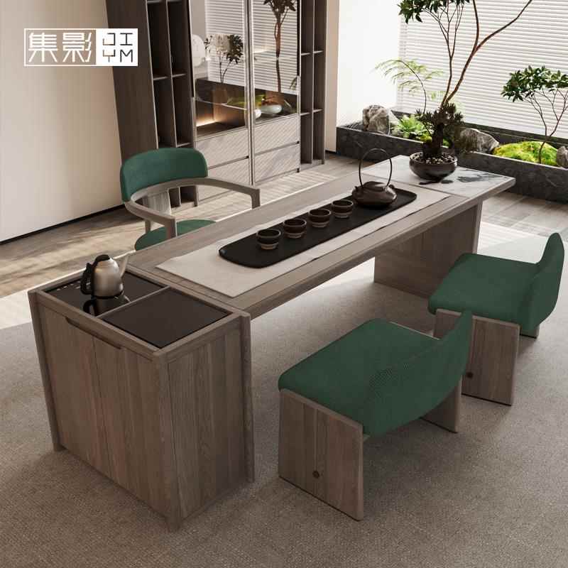 家用客厅茶桌椅组合实木大理石茶桌新中式办公茶台