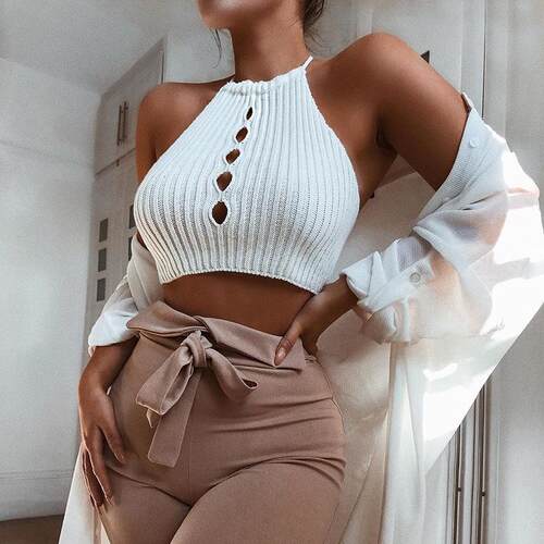 Ice silk knitted hollow hanging neck with small suspender