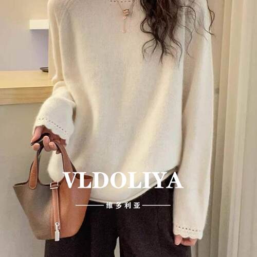VLDOLIYA维多利亚2026春秋季法式花边圆领针织衫女宽松毛衣打底衫