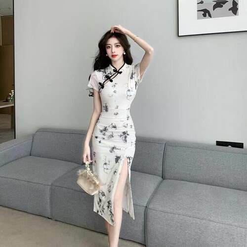 中式复古旗袍裙中长款技师气质收腰显瘦高级感褶皱包臀少女连衣裙
