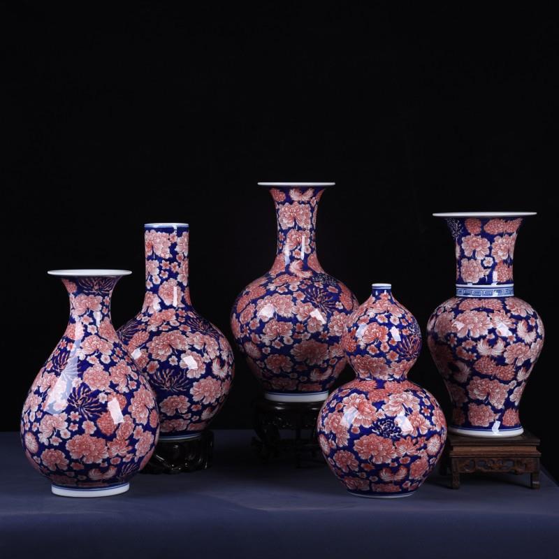 中国风青花瓷釉里红手绘万花瓷瓶装饰品家居客厅瓷器插花摆设