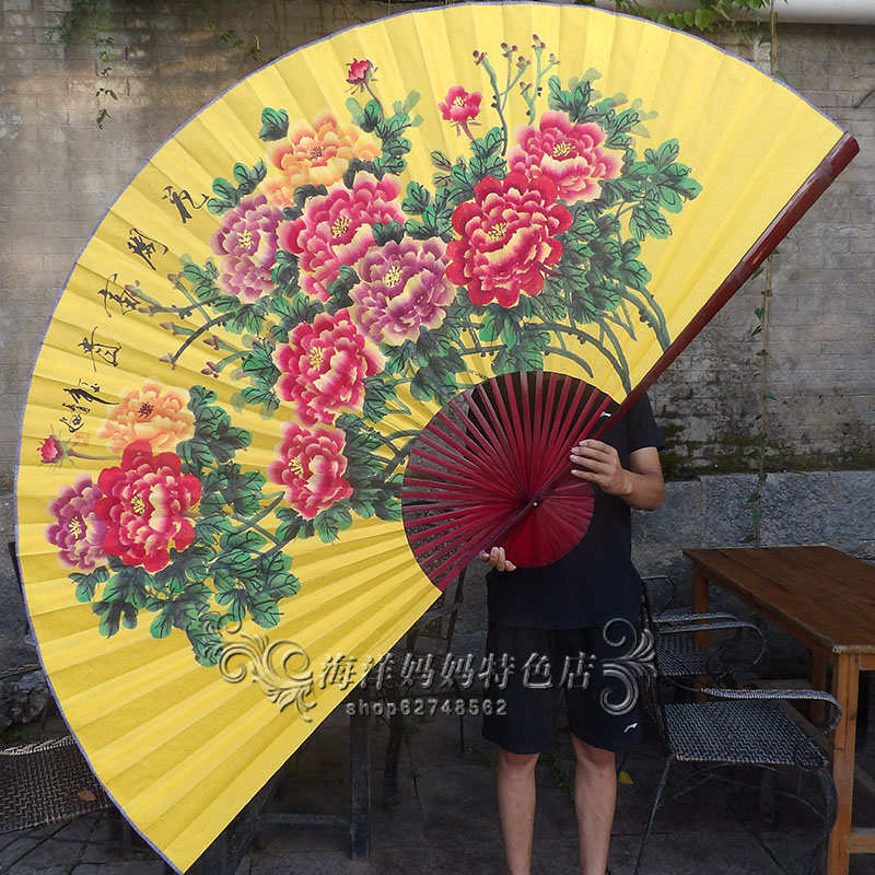 超大挂扇子餐厅沙发背景墙面装饰中国风个性创意牡丹壁画花开富贵图片