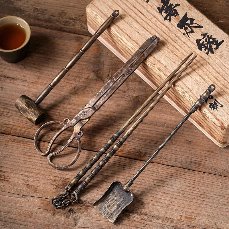 围炉煮茶炭炉工具铜件工艺品潮州功夫茶炉夹碳铜筷子钳子铲子