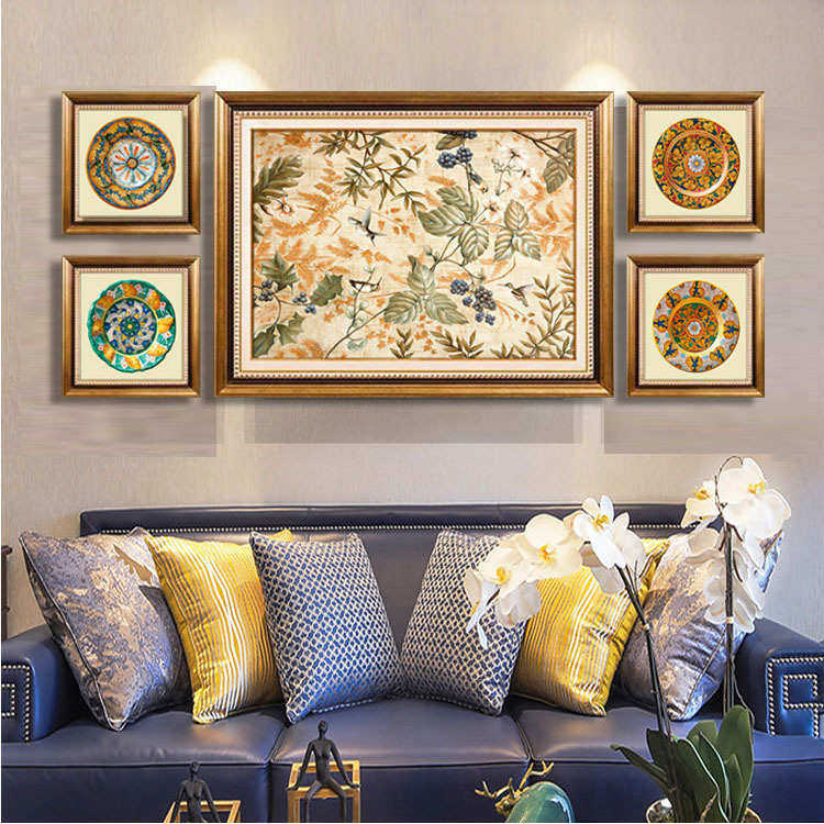 美式客厅装饰画欧式复古沙发背景墙壁画简美五联乡村田园挂画油画,家居饰品,油画,淘宝优惠券,粉丝福利购,淘宝优惠卷