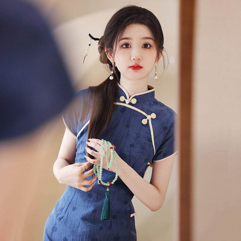 claudie pasey蓝色传统长款改良旗袍女中式复古修身气质日常可穿