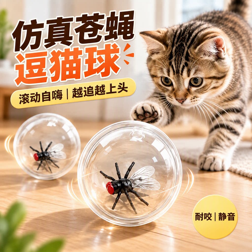 猫咪猎物球透明可视仿真苍蝇一拨就滚耐咬静音自嗨解闷小猫咪球球