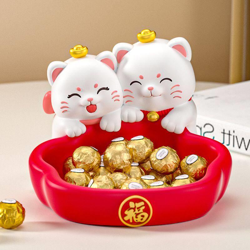 招财猫装放糖果盘零食水果盘前台收纳搪胶摆件收银台新店开业礼物