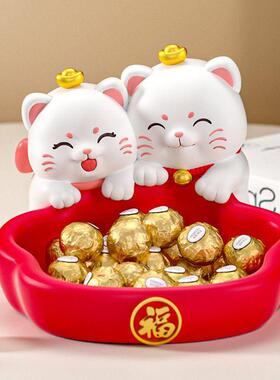招财猫装放糖果盘零食水果盘前台收纳搪胶摆件收银台新店开业礼物