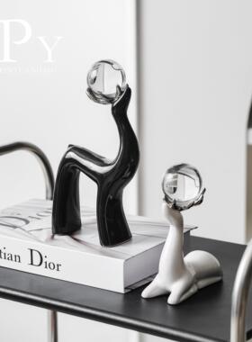 2025新款轻奢高档福鹿陶瓷酒柜招财摆件玻璃电视餐柜玄关工艺礼品