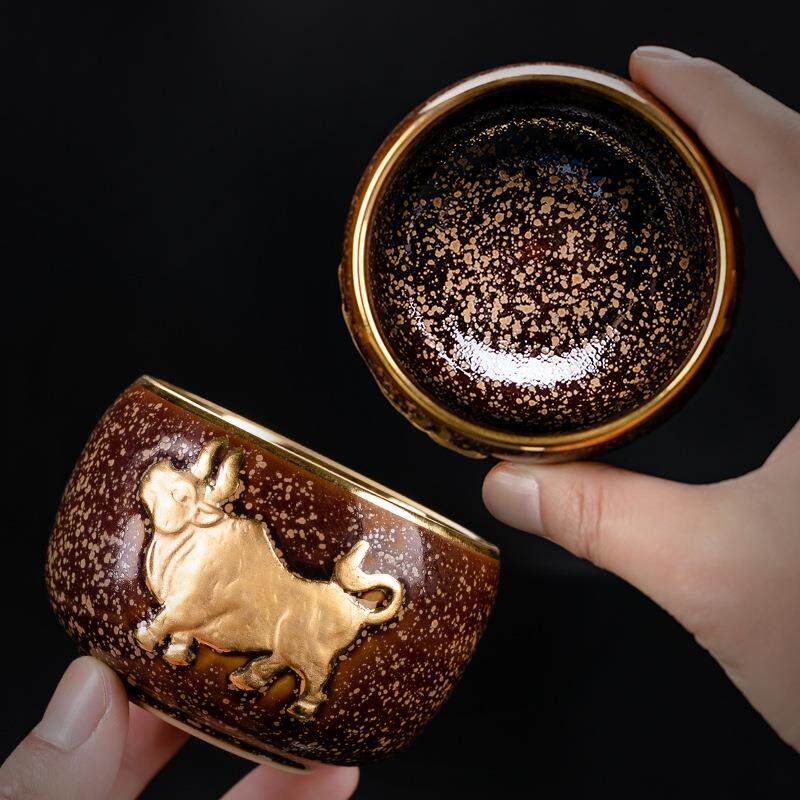 陈为椿鎏金斑天目浮雕金牛盏杯茶杯主人杯品茗杯大茶杯单杯黄金杯
