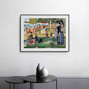 潮流抽象世界名画色块装饰画乔治修拉挂画大碗岛星期天的下午版画