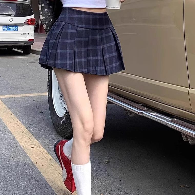 美式复古蓝格纹百褶裙女