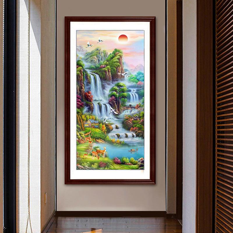 新款直销新款5D钻石画满钻中式旭日流水瀑布竖版玄关钻石砖石十字