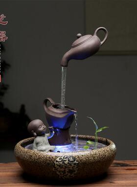 创意陶瓷悬空茶壶摆件风水招财加湿流水器 家居装饰中式风格桌面