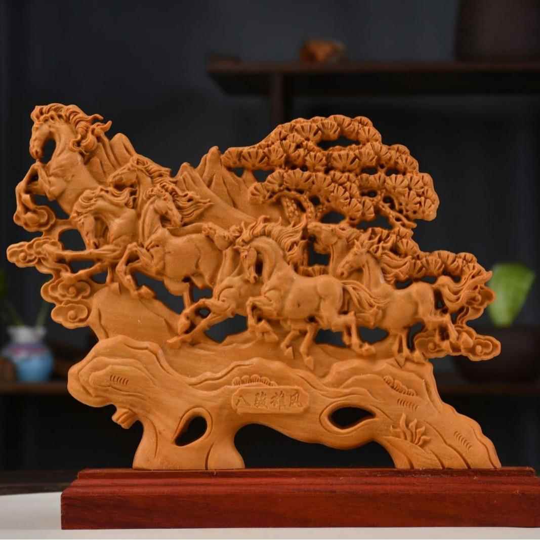 太行崖柏木雕八骏马马到成功实木雕刻动物根雕装饰摆件工艺品开业