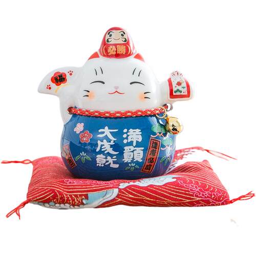 高档达摩招爱财猫小摆件陶瓷创意礼物家厅居客装运饰可开招财猫摆