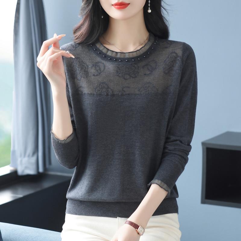 桑蚕丝薄款针织衫女春秋妈妈新款洋派宽松蕾丝上衣薄款长袖内搭衣