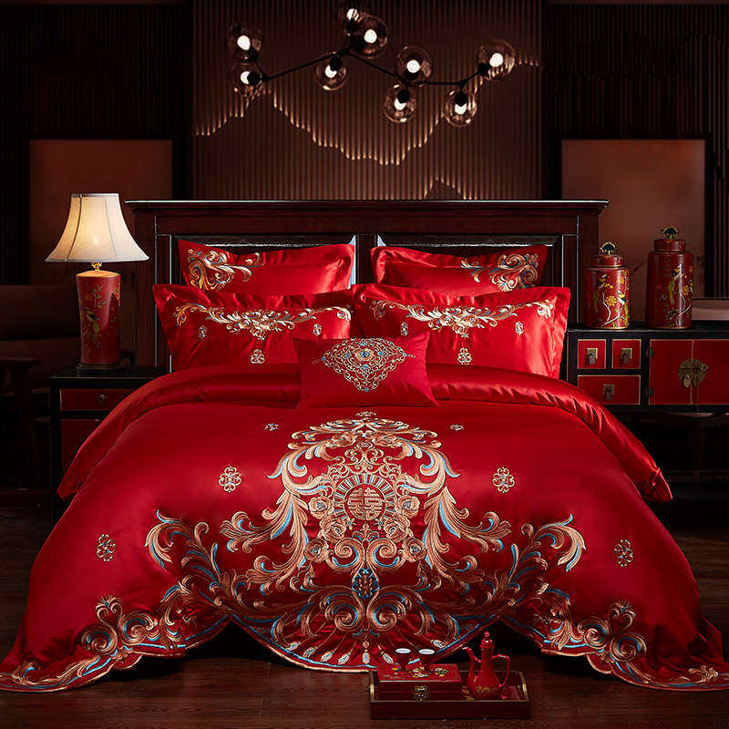 新中式结婚四件套红色婚庆100S纯棉囍嫁龙凤刺绣被套婚房床上用品,床上用品,婚庆床品套件,淘宝优惠券,粉丝福利购,淘宝优惠卷