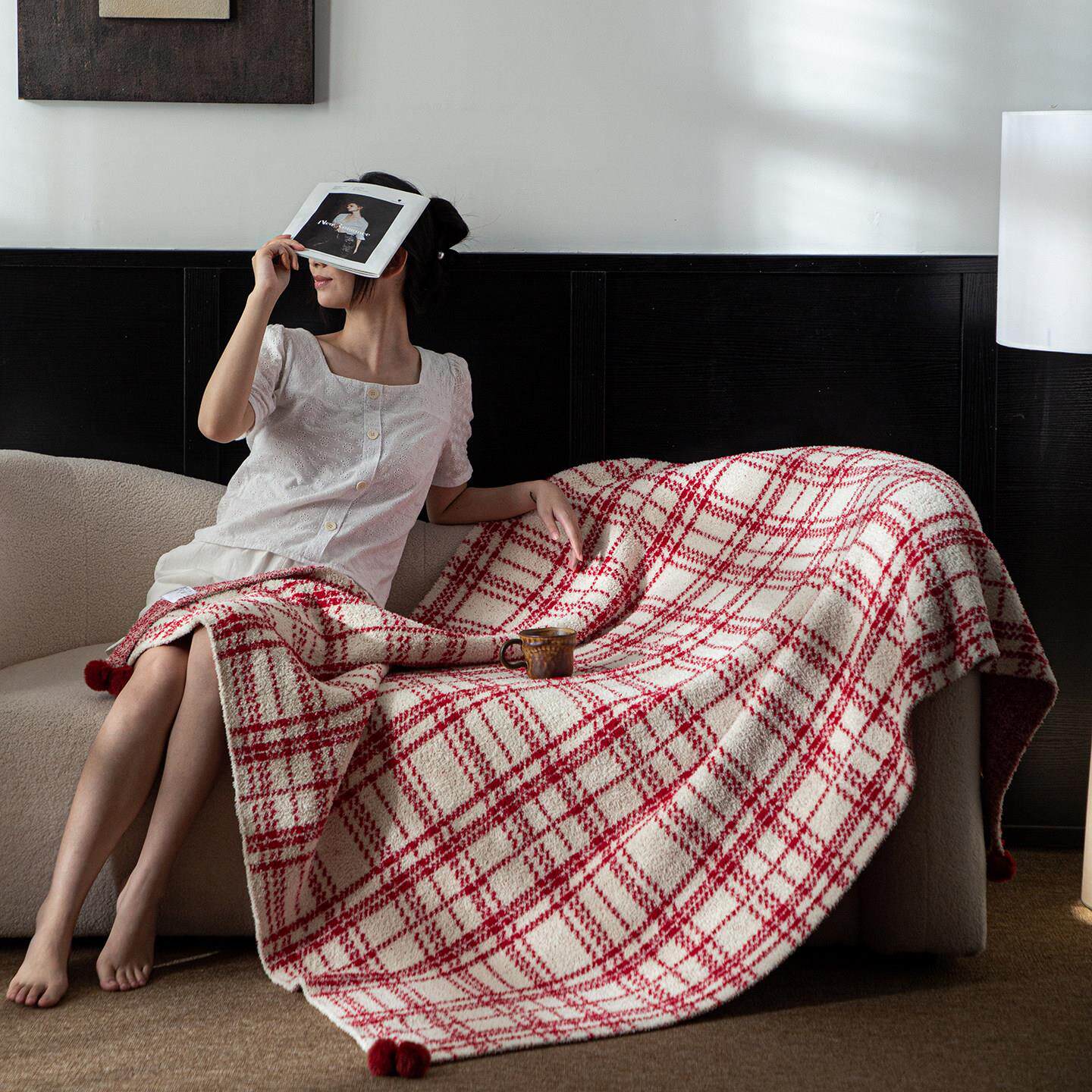 氛围感格纹秋冬保暖半边绒毛毯沙发加厚盖毯卧室床尾毯子办公室毯