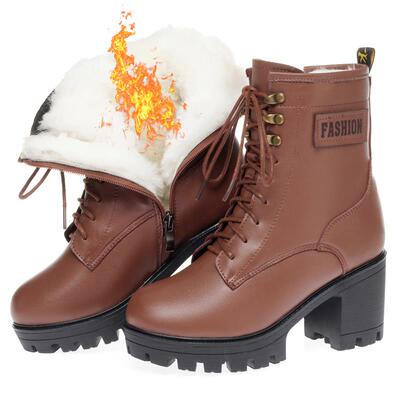 高档底马棉丁靴女短靴子粗跟新高跟真皮鞋女冬季加绒厚羊毛大码款