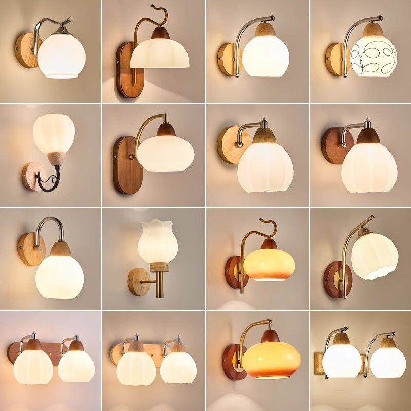 原木风新款简约创意中式实木复古卧室床头客厅过道楼梯壁灯工厂