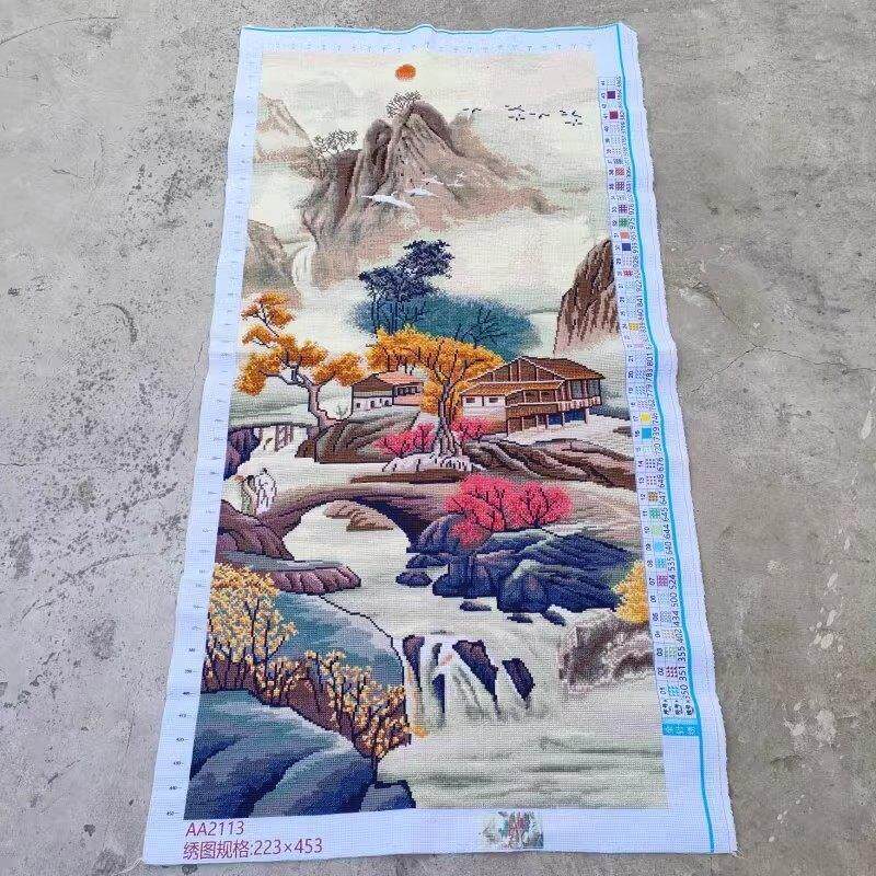 十字绣成品纯手工山野人家流水生财新款客厅玄关竖版风景挂画 画