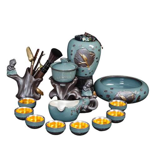 吉州窑功夫泡茶套装鎏银木叶盏自动茶具办公室家用小茶台石磨茶壶