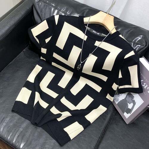 Spring Autumn Men's Slim Fit Geometric Base Layer T-shirt