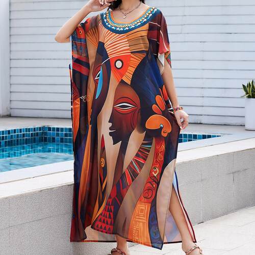 Printed beach cover shirt, long robe dress, bikini sun