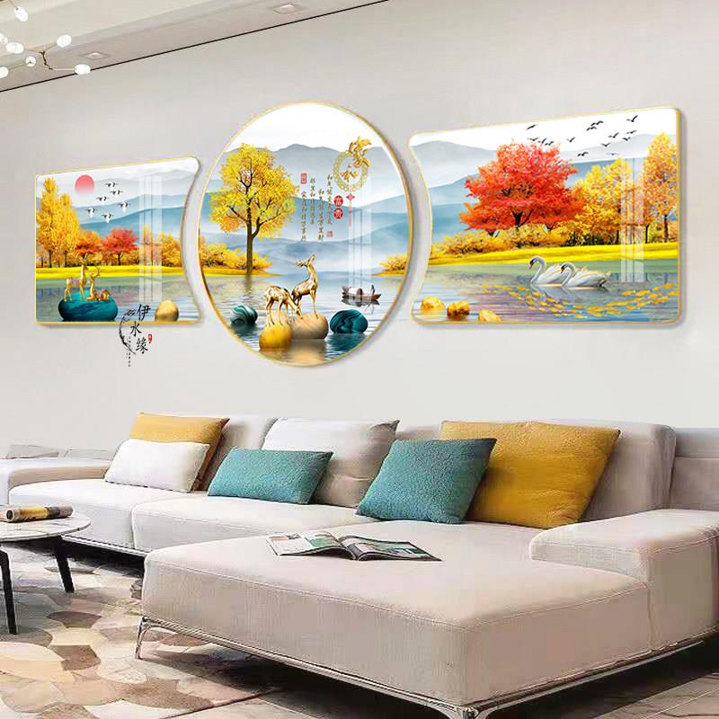 客厅装饰画现代简约沙发背景墙三联挂画珠联璧合中式晶瓷镶钻壁画