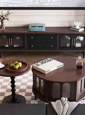 法式复古实木电视小柜黑色式户型客家用收纳储物JSU厅柜中古美风