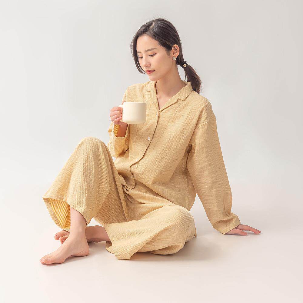 日式风长款纯棉睡衣套装女春秋双层棉纱长裤薄款长袖家居服宽松款
