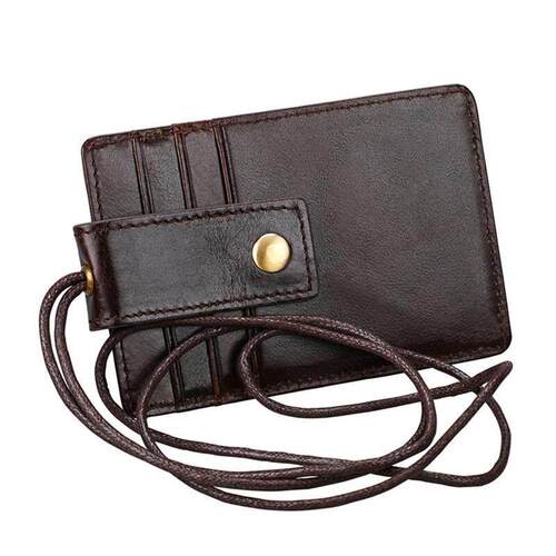 Genuine Leather Id Card Badge Holder with Lanyard RFID