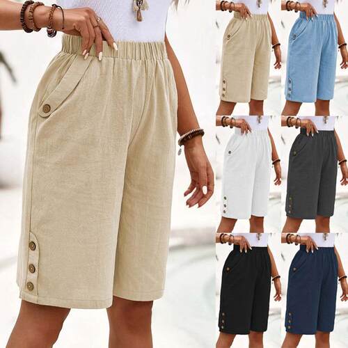 Cotton and linen shorts for women, straight leg pants for